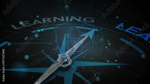 Central compass needle pointing toward shield holding padlock, glowing nodes overlaying flat design