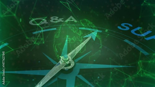 Compass rose featuring metallic needle rotating in dark green UI showing glowing network lines