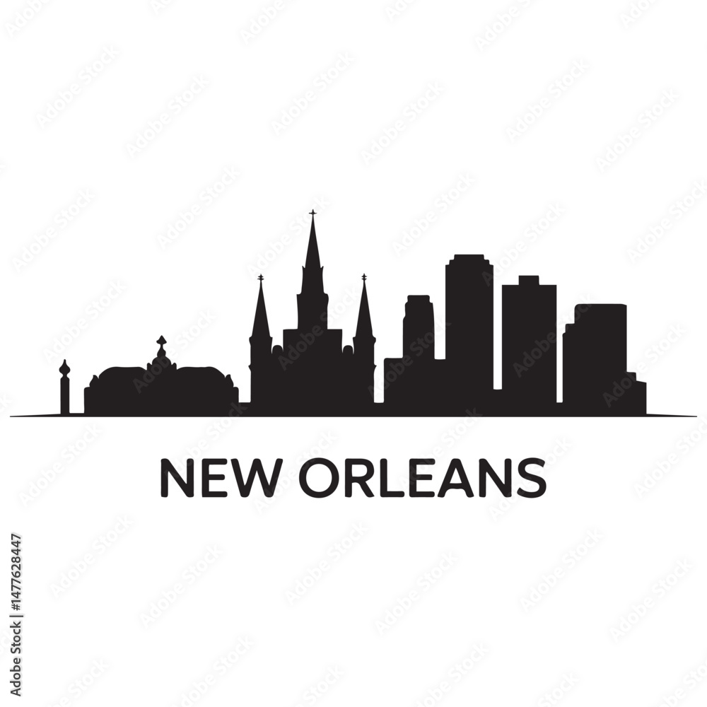 Vector New Orleans skyline. Travel New Orleans famous landmarks. Business and tourism concept for presentation, banner, web site. Vector black silhouette. with white background Vector New Orleans skyline. Travel New Orleans famous landmarks. Business and tourism concept for presentation, banner, web site. Vector black silhouette. with white background