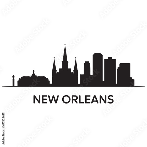 Vector New Orleans skyline. Travel New Orleans famous landmarks. Business and tourism concept for presentation, banner, web site.  Vector black silhouette. with white background