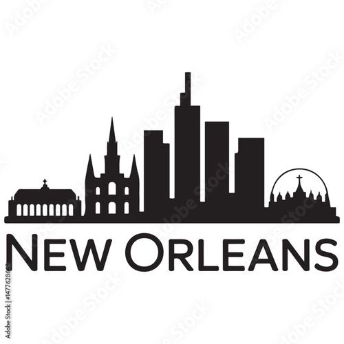 Vector New Orleans skyline. Travel New Orleans famous landmarks. Business and tourism concept for presentation, banner, web site.  Vector black silhouette. with white background