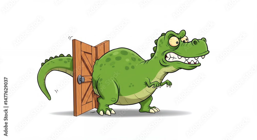 Fototapeta premium Cartoon tyrannosaurus rex blocking door