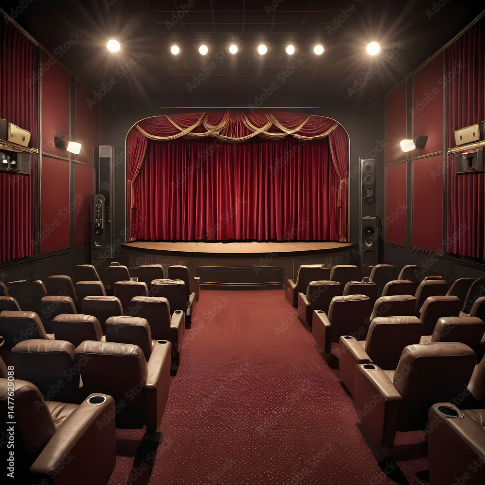 Fototapeta premium Luxurious Home Theater with Red Velvet Curtains and Leather Seating Perfect for Movie Nights and Entertainment