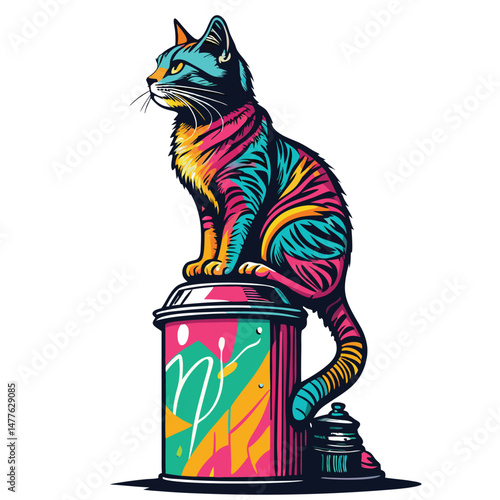 A cool graffiti cat, stylized and bold, sits regally on a spray paint can throne, surrounded by vibrant street art.