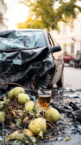 A chaotic scene unfolds as a wrecked vehicle sits abandoned on a street, surrounded by smashed glass and fallen fruits, evoking feelings of neglect and disorder in everyday life.