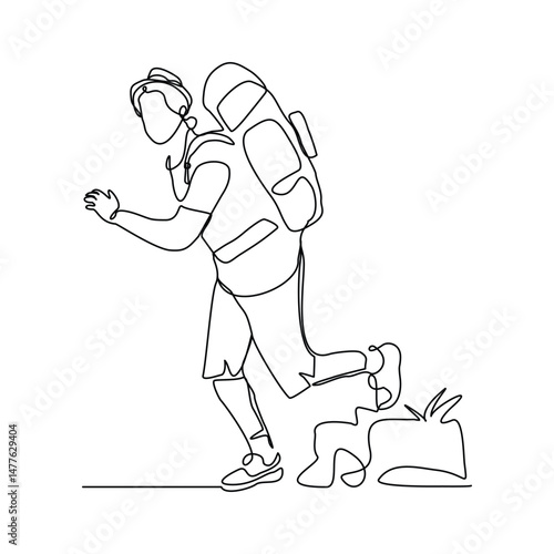Continuous one line drawing of traveling man with backpack. Single one line art of man success to hiking on top of mountain. Vector illustration editable stroke