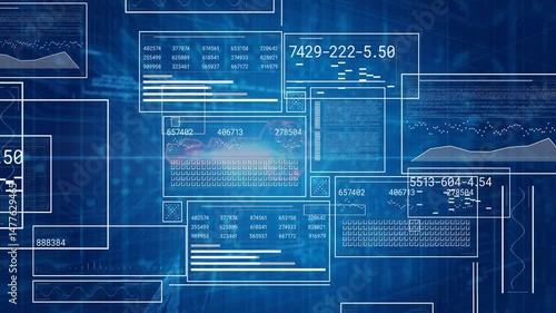 Multiple overlaid UI panels being visualized in flat design, showing data tables, graphs and lines