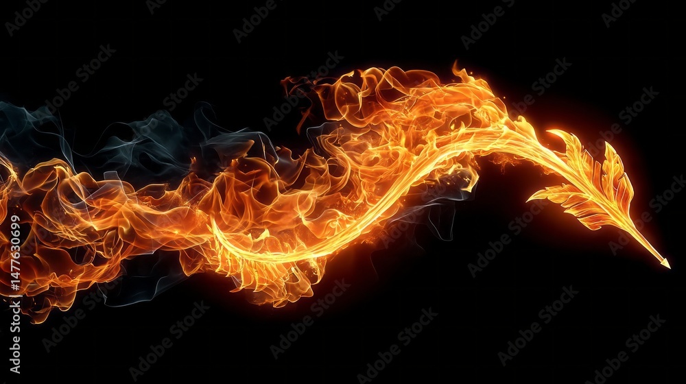 Fototapeta premium A dragon is shown in a fiery tail, with the flames reaching up to the sky