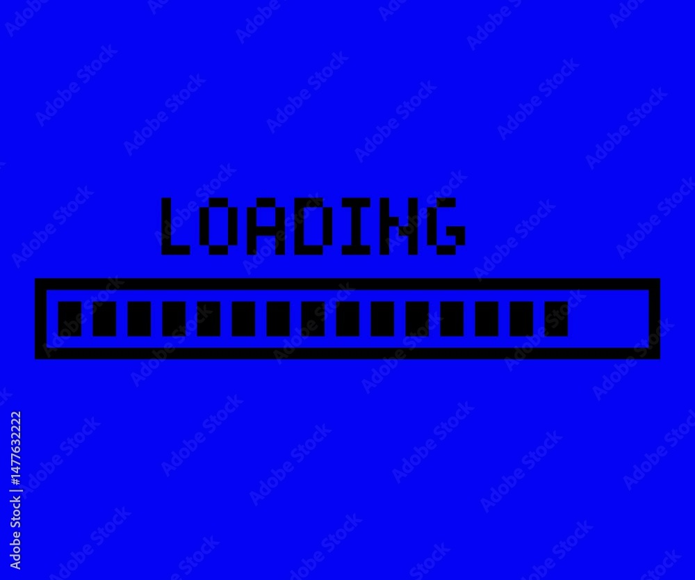 Pixel loading bar, Loading progress icon, Blue screen bar, Buffer bar graphic, Retro style loader, Video loading concept, Progress meter pixel art, loading text, retro games, video. Pixel loading bar, Loading progress icon, Blue screen bar, Buffer bar graphic, Retro style loader, Video loading concept, Progress meter pixel art, loading text, retro games, video.