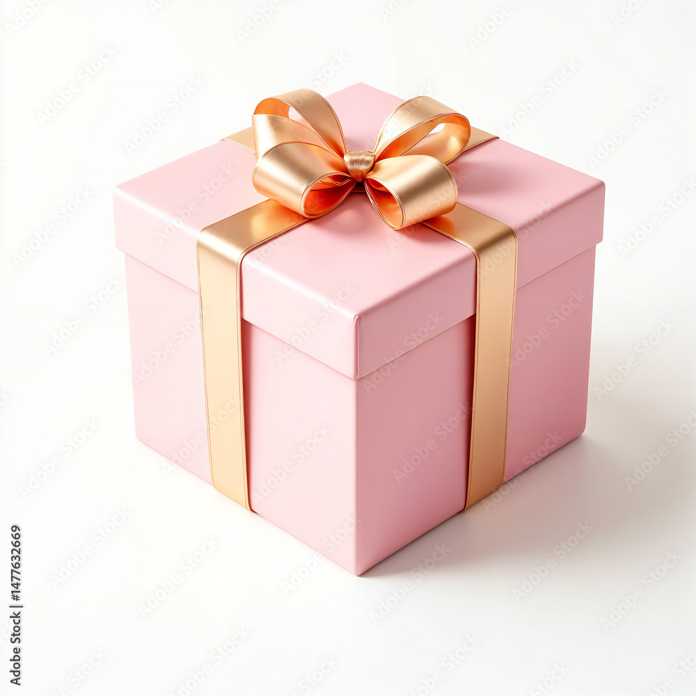Obraz premium A meticulously rendered, pale pink gift box, adorned with a radiant gold ribbon and bow, sits poised, embodying the essence of anticipation and joy. 