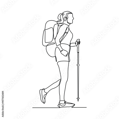 Continuous one line drawing of traveling woman with backpack. Single one line art of woman success to hiking on top of mountain. Vector illustration editable stroke