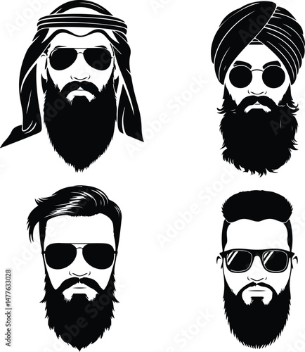 Beard, Mustache & Sunglasses Silhouette Set | Hipster Style Icon Pack Men's Facial Hair & Shades Vector Silhouettes | Cool Style Set