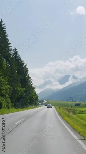 Vertical view of Austria road from car