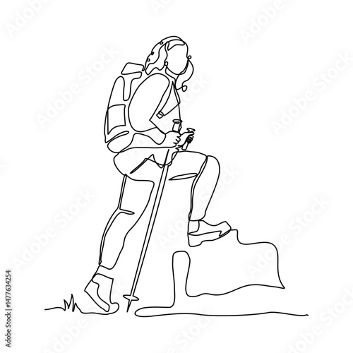 Continuous one line drawing of traveling woman with backpack. Single one line art of woman success to hiking on top of mountain. Vector illustration editable stroke