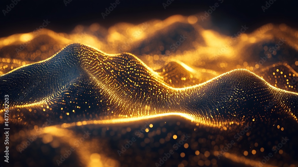 Abstract Golden Wave Pattern with Shining Particles on Dark Background Abstract Golden Wave Pattern with Shining Particles on Dark Background