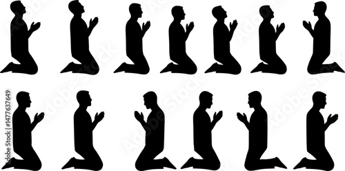 Man praying and praising God on knees silhouette set vector illustration
