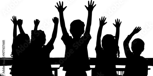 set of Children raising hands in classroom silhouette
