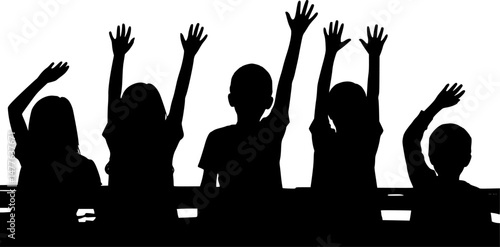set of Children raising hands in classroom silhouette
