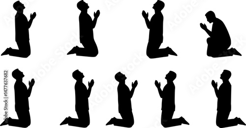 Man praying and praising God on knees silhouette set vector illustration
