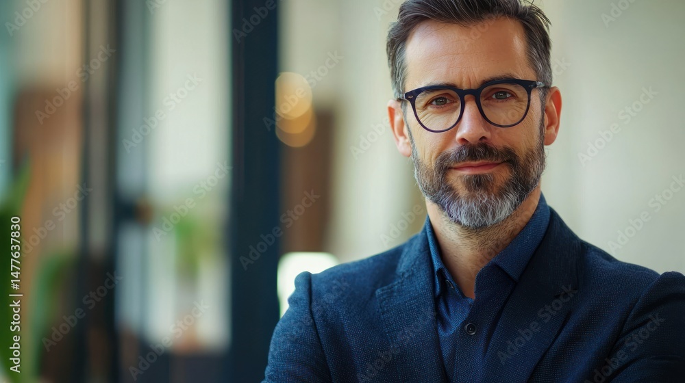 Naklejka premium A man with glasses and a beard, wearing a dark blue suit, standing in a modern office with a window in the background.