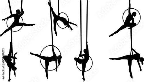 set of Aerial dancer silhouette vector illustration. Woman or girl performing on hoop.
