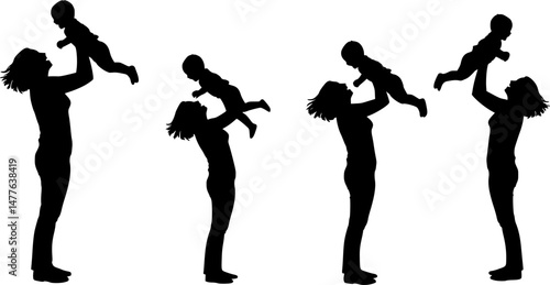 set of Mother having fun with her child vector illustration. Young mother and son spending time together. Mother lifting up her child.
