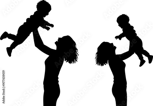 set of Mother having fun with her child vector illustration. Young mother and son spending time together. Mother lifting up her child.
