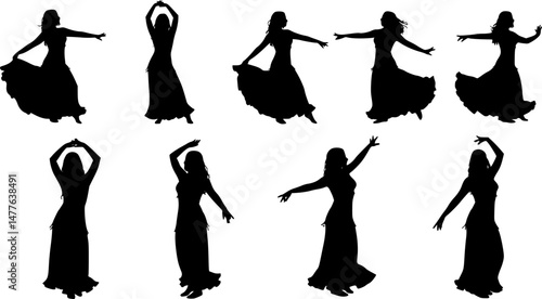 Set of woman performing belly dancing silhouette vector illustration
