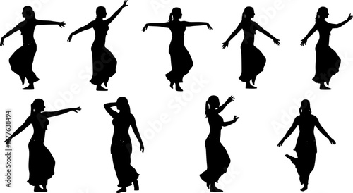 Set of woman performing belly dancing silhouette vector illustration

