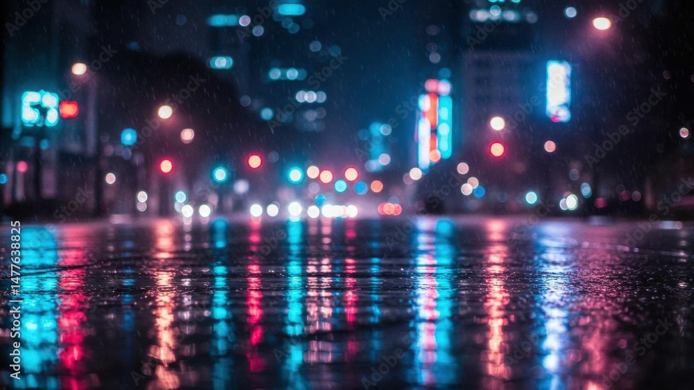 Fototapeta premium City street reflections on a rainy night scene