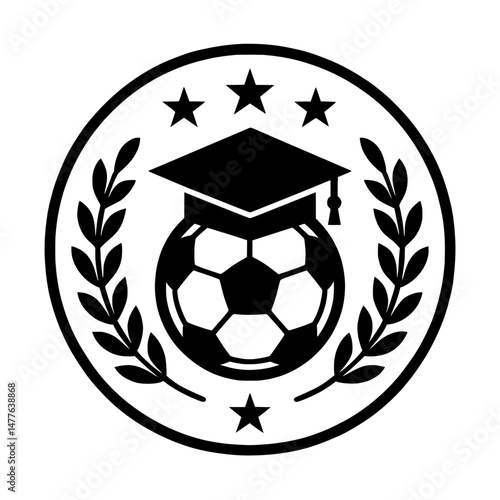 Black Vector Emblem of Soccer and Education with Laurel and Stars