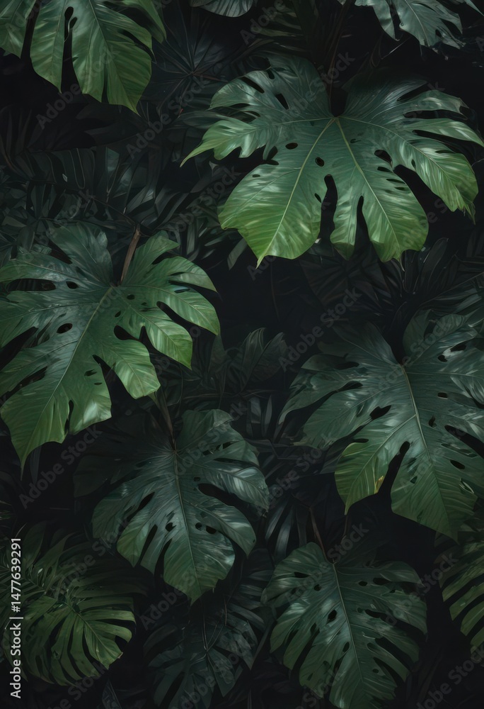 Overlapping exotic leaves, dark, lush, textured, tropical , rich, illustration, background Overlapping exotic leaves, dark, lush, textured, tropical , rich, illustration, background