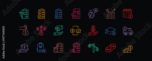 Set of 21 editable thin line icons related to loan and financial services. Includes symbols such as loan approval, application form, contract, interest rate, repayment schedule, loan consolidation.