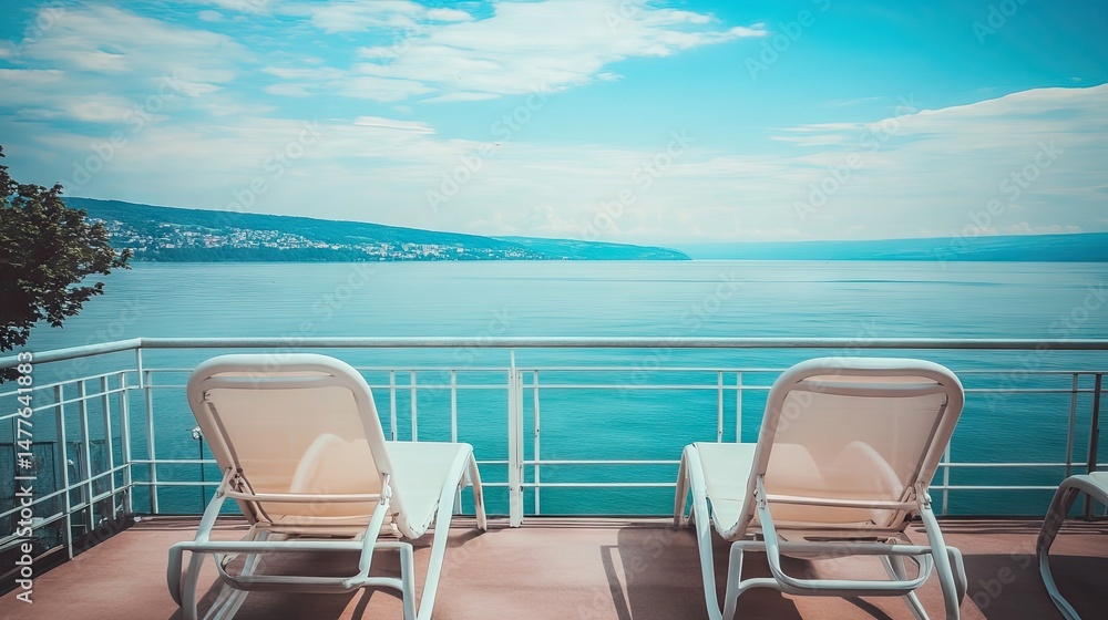 Fototapeta premium Coastal balcony scene with sun loungers.