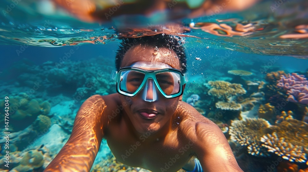 Naklejka premium young man snorkeling underwater, taking a selfie near vibrant coral reefs in crystal-clear blue ocean water, enjoying tropical marine life and adventure