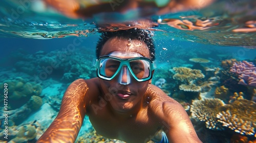 young man snorkeling underwater, taking a selfie near vibrant coral reefs in crystal-clear blue ocean water, enjoying tropical marine life and adventure