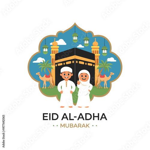 Eid al-Adha Greeting with Kaaba, Muslim Kids, Lanterns, and Desert Background