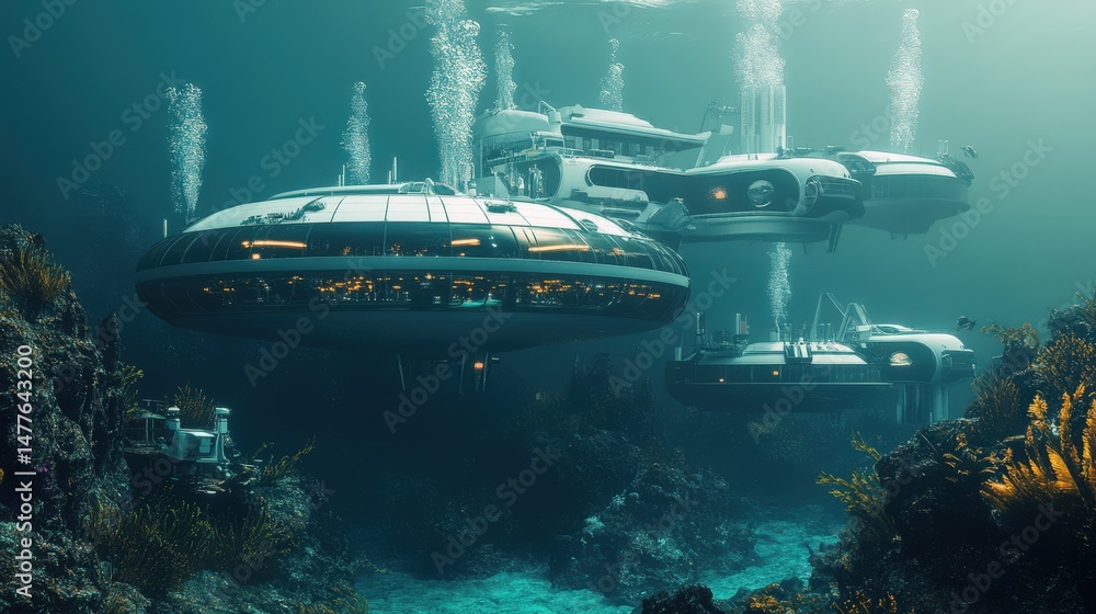 Fototapeta premium Submersible vessels float in an underwater environment.