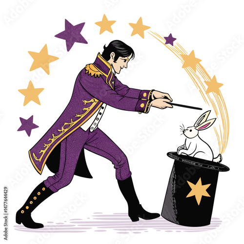 A magician in a purple robe dramatically pulls a white rabbit from a flaming top hat; magical, mystical, vibrant, theatrical.