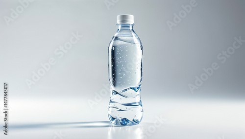 A single bottle of clear water, elegantly presented, the cool refreshment of essential hydration. The crisp details.