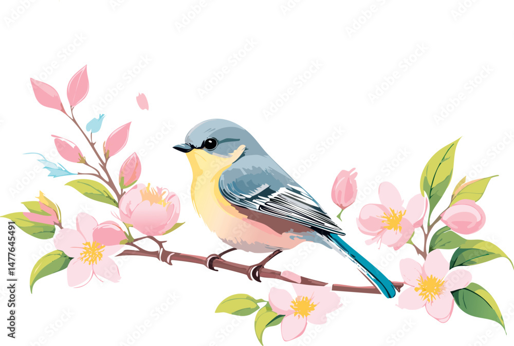 Small bird perched on a blooming branch, illustrated with delicate pastel flowers and minimal soft line art. Perfect for greeting cards, posters, and gentle decor. Small bird perched on a blooming branch, illustrated with delicate pastel flowers and minimal soft line art. Perfect for greeting cards, posters, and gentle decor.