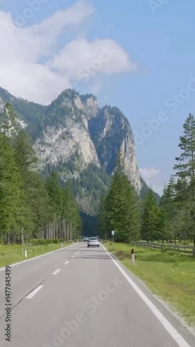 Vertical view of Austria road from car