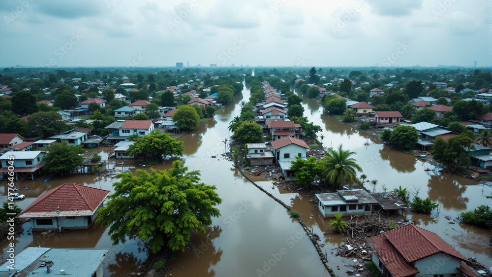 Fototapeta premium Flooded Residential Area After Heavy Rain