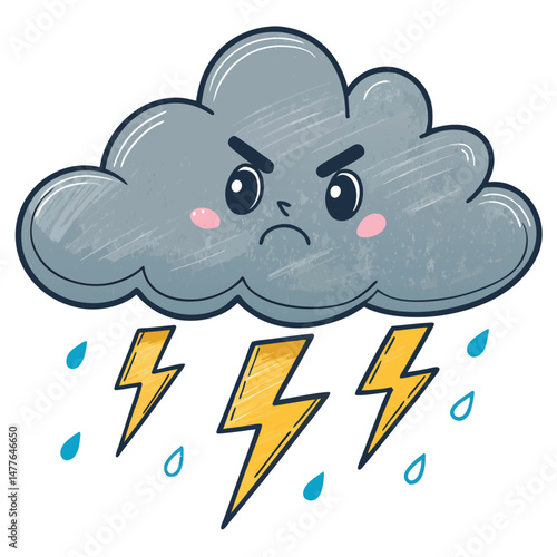 A whimsical illustration of a dark, stormy cloud with a grumpy face playfully shooting out small, cute bolts of lightning.