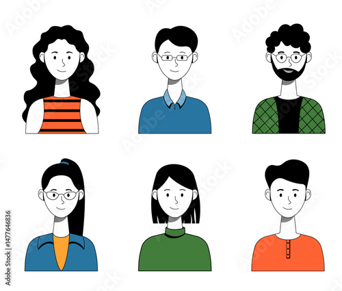 Set of Colorful Cartoon People Avatars, Diverse Character Portraits, Flat Design