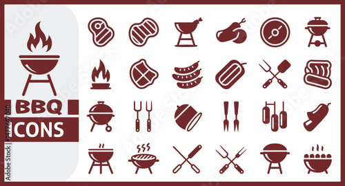 BBQ Icon Set Featuring Grilled Meat, Sausage, Barbecue Grill, Skewer, Flame, Tongs, Kebab, Steak, Charcoal, Smoke, and Outdoor Cooking Elements in Vector Illustration