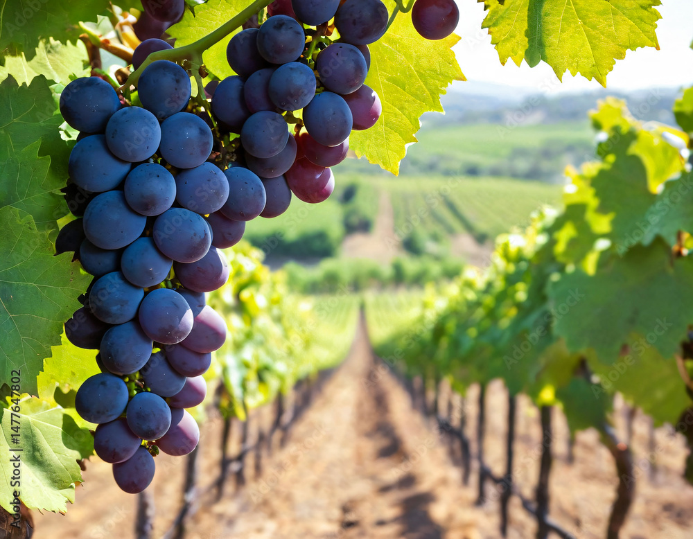 Naklejka premium Vibrant Purple Grapes Thriving in Sunlit Vineyard Rows