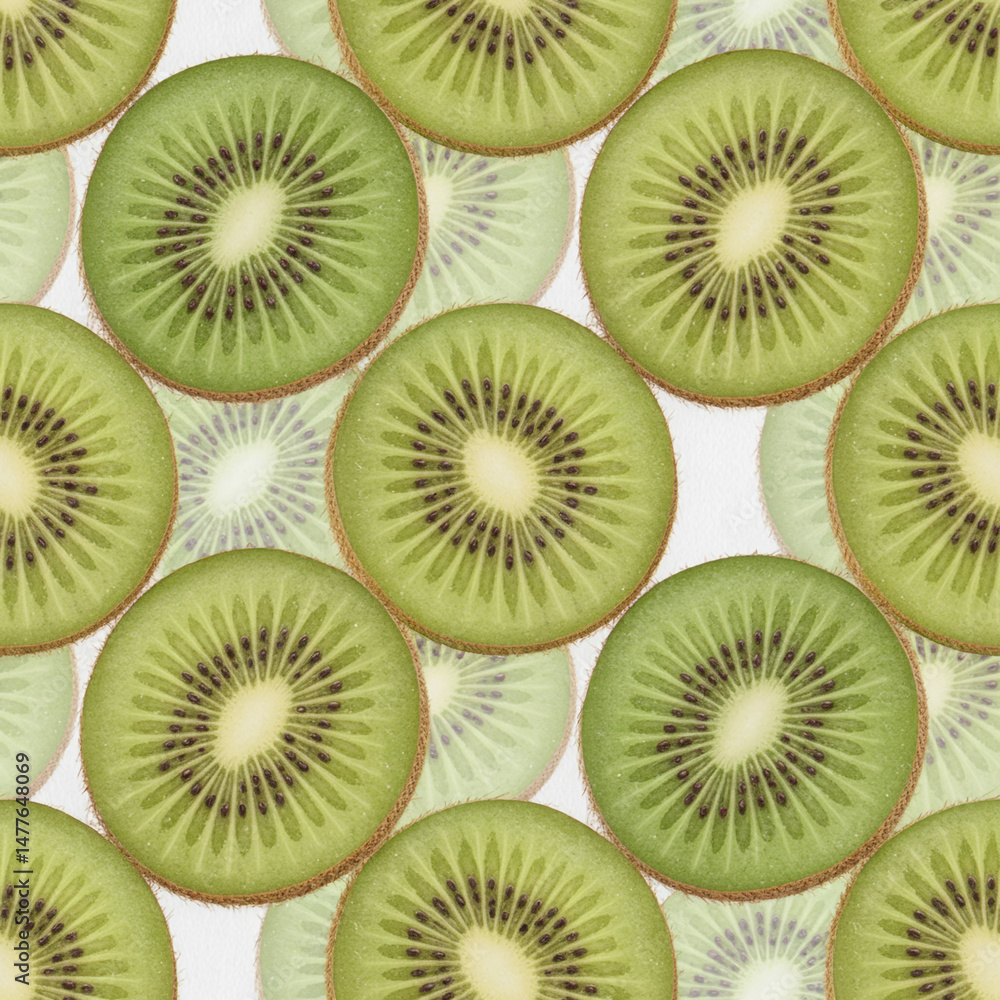 Fototapeta premium Repeating pattern of fresh kiwi fruit slices on white background for summer designs