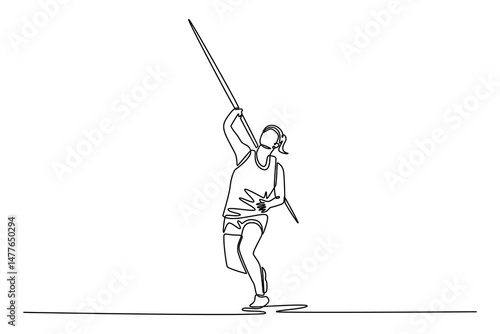 Continuous one line drawing female athlete training for javelin throw on sport national stadium. Healthy lifestyle, movement, activity, competition. Single line draw design vector graphic illustration