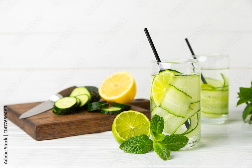 Fototapeta premium Cucumber water with lemon, lime and mint on a wooden table. Water infused with sliced ​​cucumber in a drinking glass. Tonic refreshing drink. Cucumber lemonade.Summer natural cooling drink.Copy space